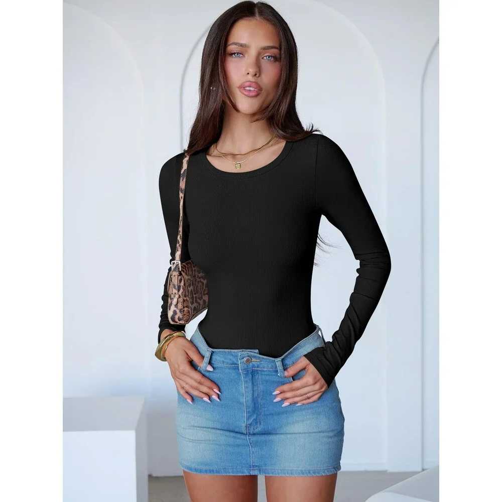ANRABESS Women's Black Long Sleeve Crew Neck Bodysuits Top 2025 Fall Slim Fit M